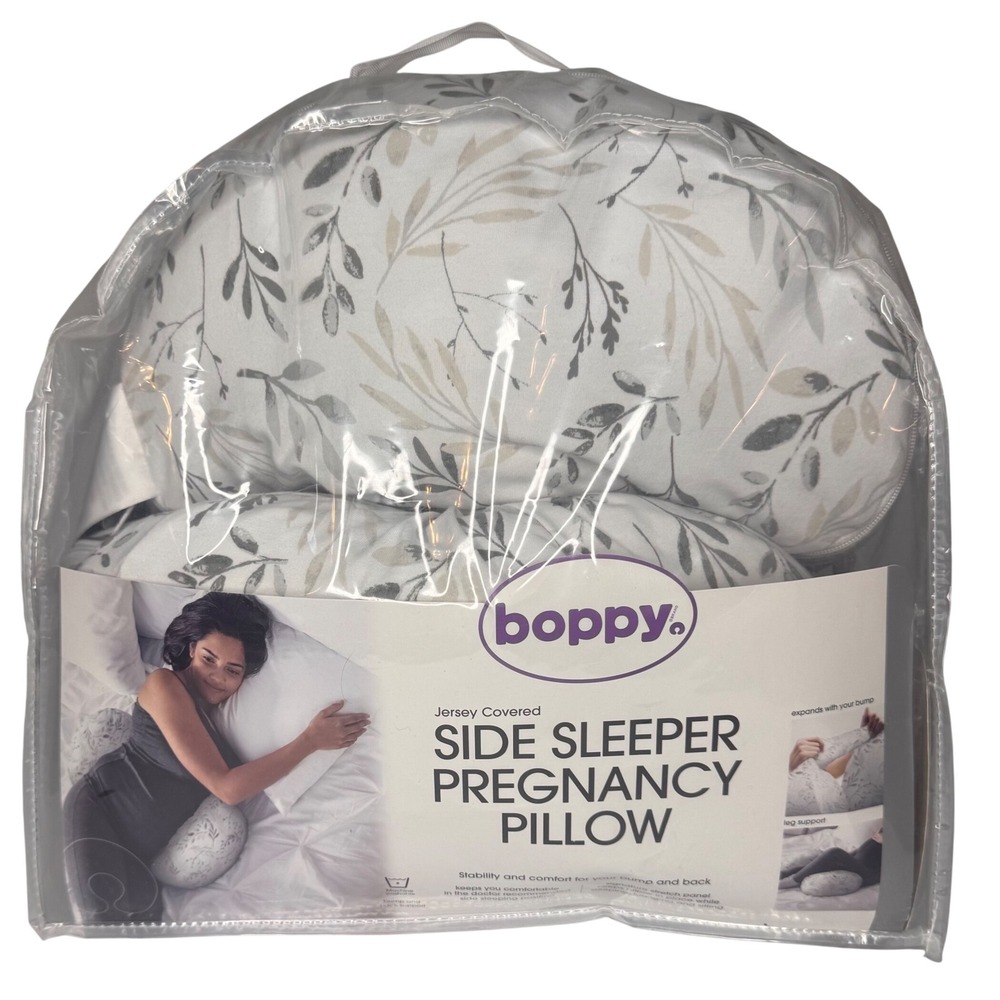 Boppy Side Sleeper Pregnancy Maternity Pillow Jersey Leaf Print Grey White